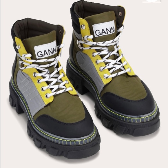 New Ganni Cleated Lace-Up Hiking Boot Black/Yellow/Green size US 10/EU 40 - Picture 1 of 11